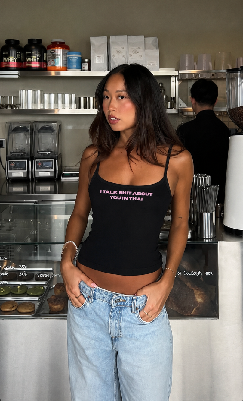 I TALK SHIT ABOUT YOU IN THAI - Dusty Pink Spaghetti Strap Graphic Tank — Drop 001