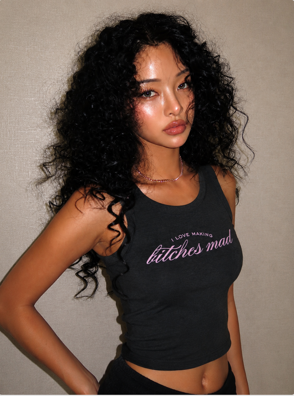 I LOVE MAKING B!TCHES MAD | White Graphic ribbed Crop Top Pink Details