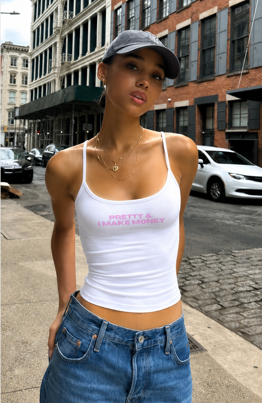 PRETTY & I MAKE $$$ White Graphic Tank/Crop Top — Drop 001 | BMADINC