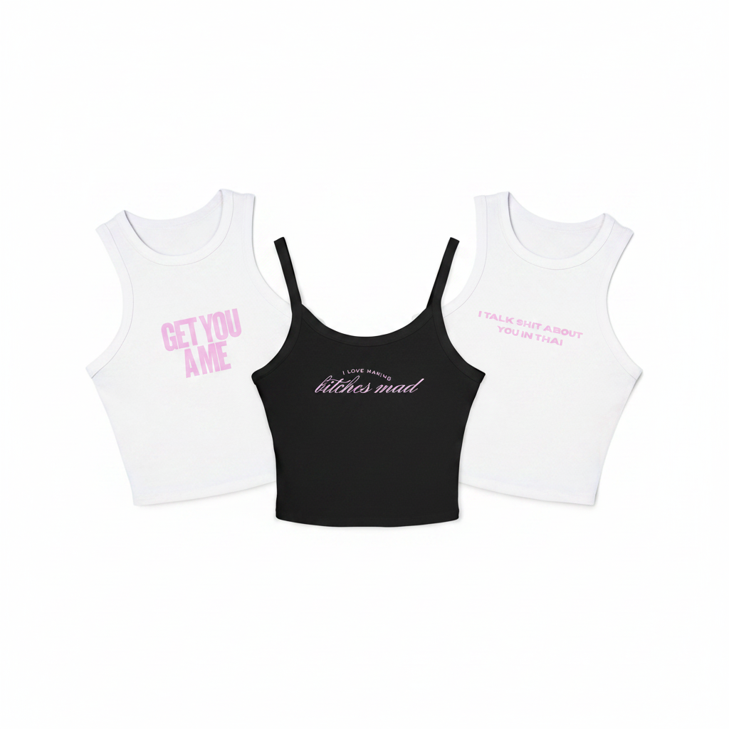 BADDIE BUNDLE #001 - flat lay of three graphic tanks on white background